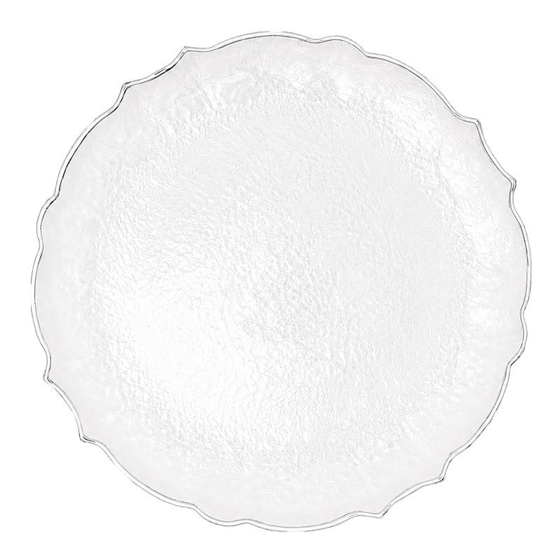 Eleganter Platzteller 33cm Glas rund klar Struktur Wellenrand silber mieten für Hochzeit Event Gala