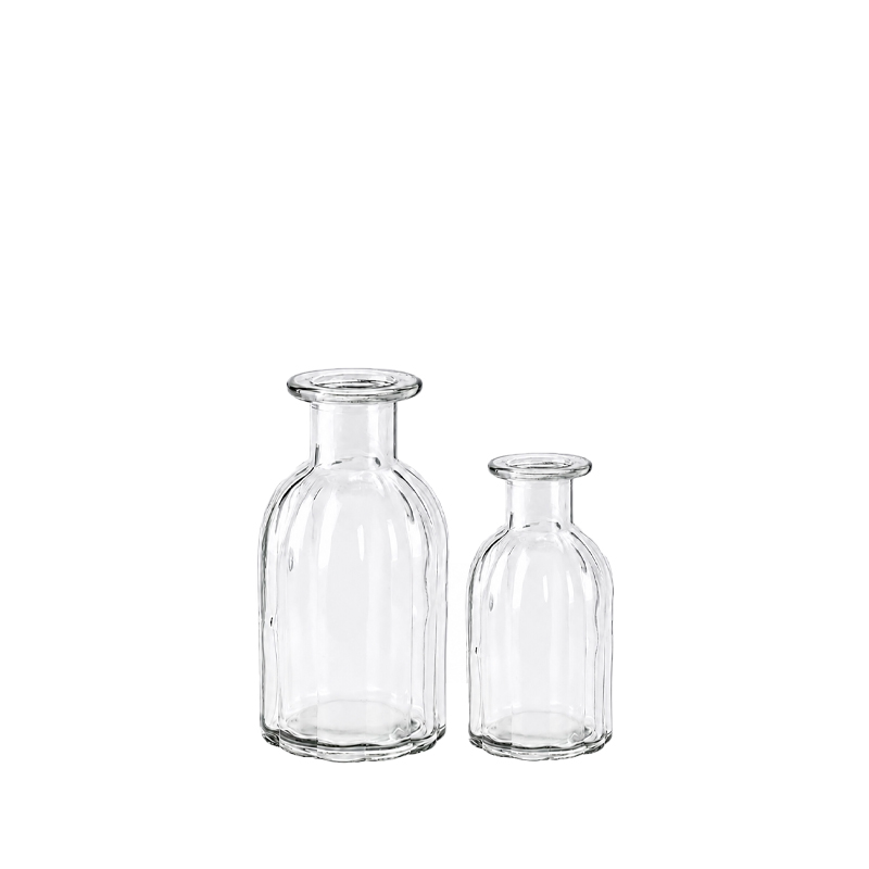 Flaschenvase Rille Glas klar mieten Tischdeko Hochzeit Vintage