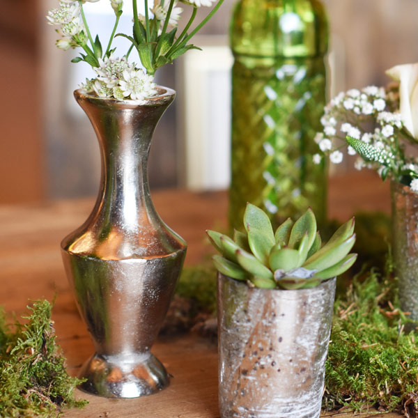 Flaschenvase Salerno Metall silber mieten Tischdeko Hochzeit, Feier, Blumen_2
