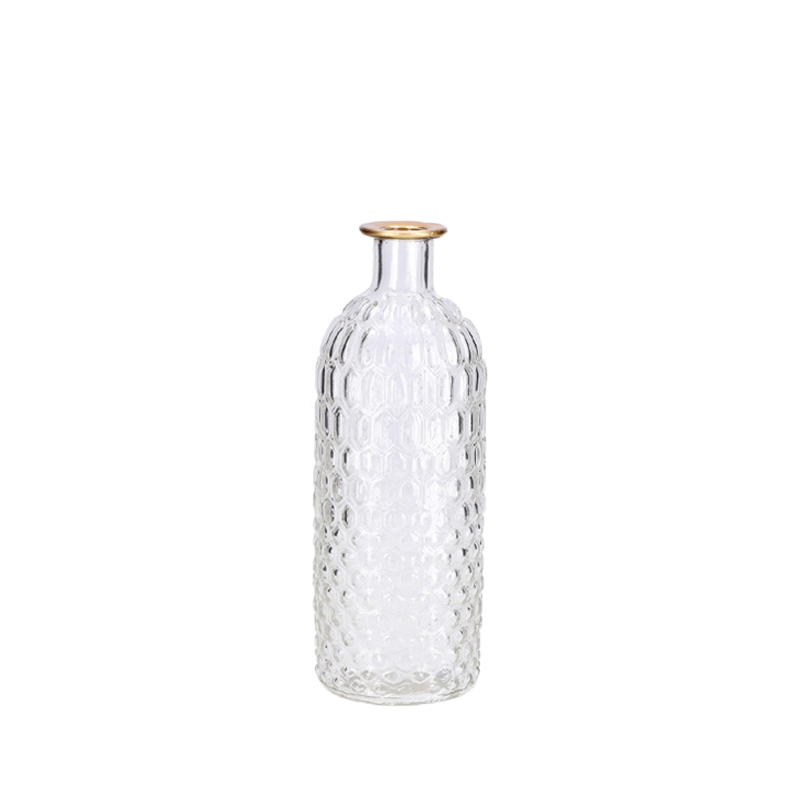 Flaschenvase Glas klar Waben Goldrand 20cm mieten für Hochzeit und Event Tischdekoration