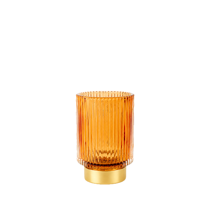 Vase Teelichthalter Rille, Glas amber orange mit Fuß mieten für Hochzeit, Feier, Event