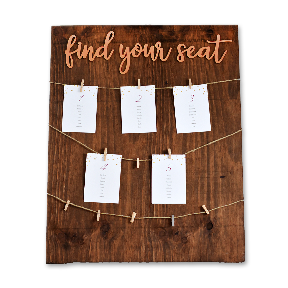 Sitzplan Tischplan Willkommensschild Find your Seat für Staffelei Holz braun kupfer rosegold für Hochzeit und Veranstaltung [mieten]