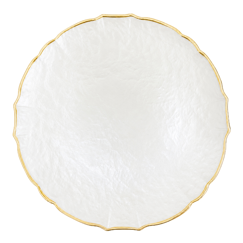 Exklusiver Platzteller 33cm Glas in perlweiss perlmutt Struktur mit goldrand mieten für Hochzeit event Gala