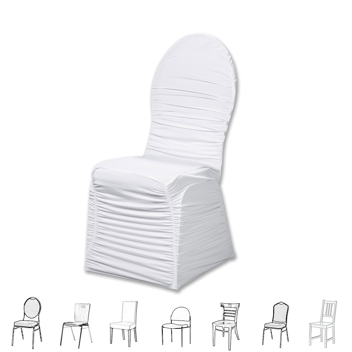 Stuhlhusse weiss universell elegant mit Raffung | Stretch mieten Verleih Hochzeit