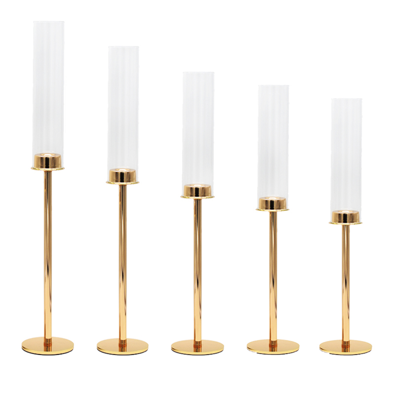 Kerzenständer | Kerzenleuchter | Kerzenhalter Line 1-arm mit Glaszylinder Glasaufsatz gold | mieten für Hochzeit, Geburtstag, Firmenfeier, Event