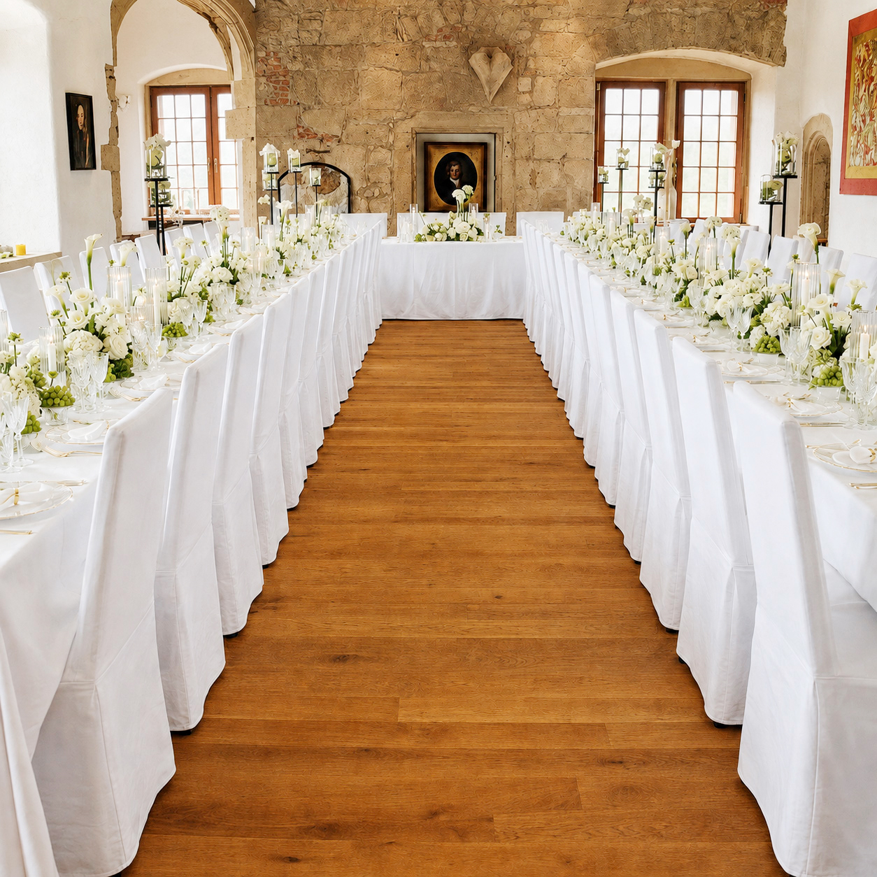 Stuhlhusse weiss Polyester Hochlehner Stühle mieten Verleih Hochzeit Firmenevent Veranstaltung 2