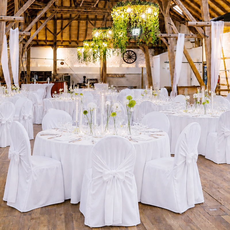 Stuhlhusse romantik universell weiss mit Schleife Hochzeit mieten