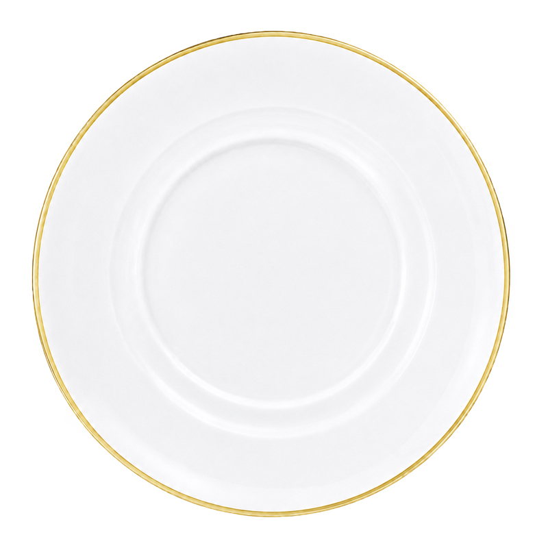 Eleganter Platzteller 33cm Glas klar rund mit Goldrand mieten für Hochzeit Event Party