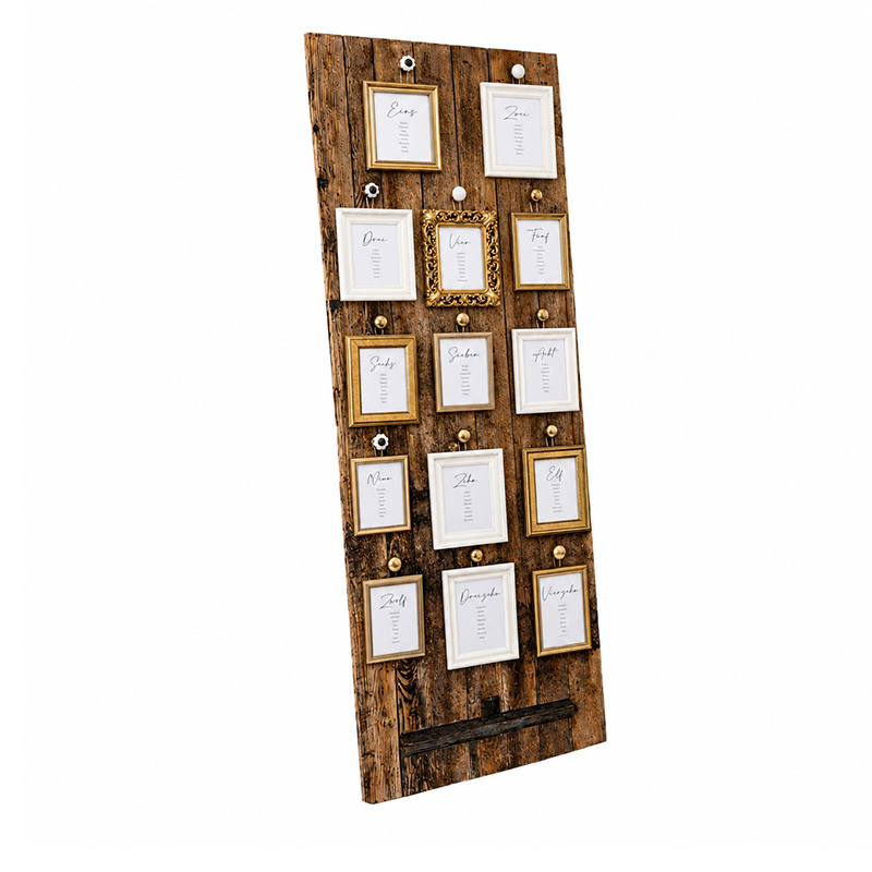Sitzplan Tischplan Tür Holz braun Vintage Antik mit 14 Bilderrrahmen gold weiss Holz mieten für Hochzeit und Feier