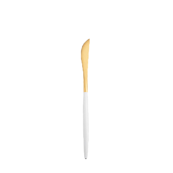 Buttermesser Stiletto in gold mit weissem Griff Besteck Verleih für Hochzeit und Feier