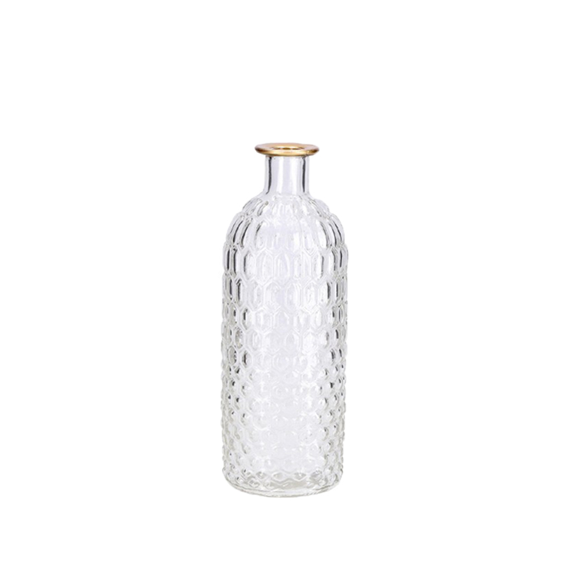 Flaschenvase Glas klar Waben Goldrand 20cm mieten für Hochzeit und Event Tischdekoration