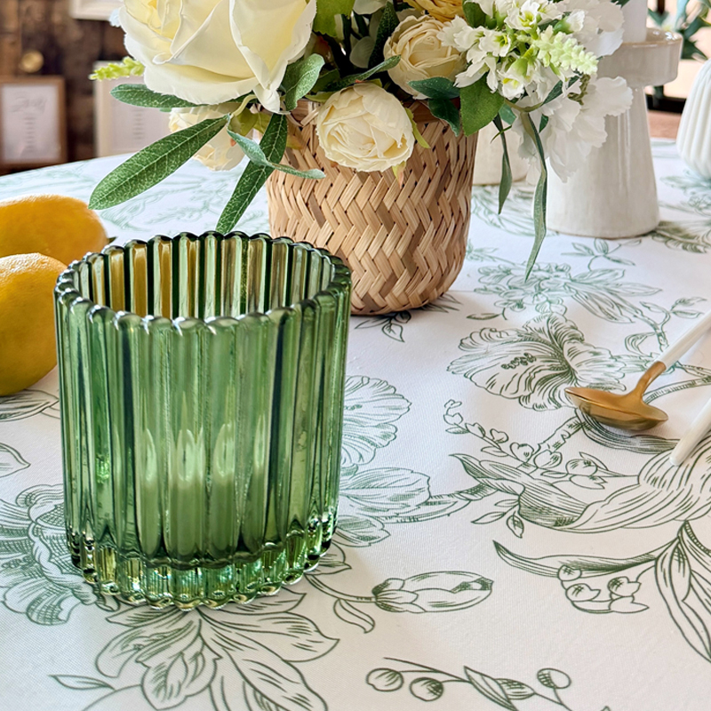 Teelichthalter_oliv_Tischdecke_floral_mieten_Verleih_Event_Hochzeit_tischdeko