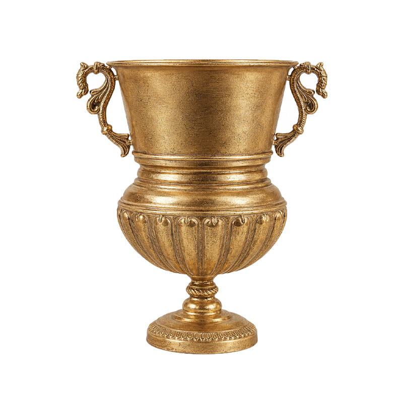 Pokalvase Antik auf Fuß mit Griff, Metall Gold mieten für Hochzeit und Event Dekoration