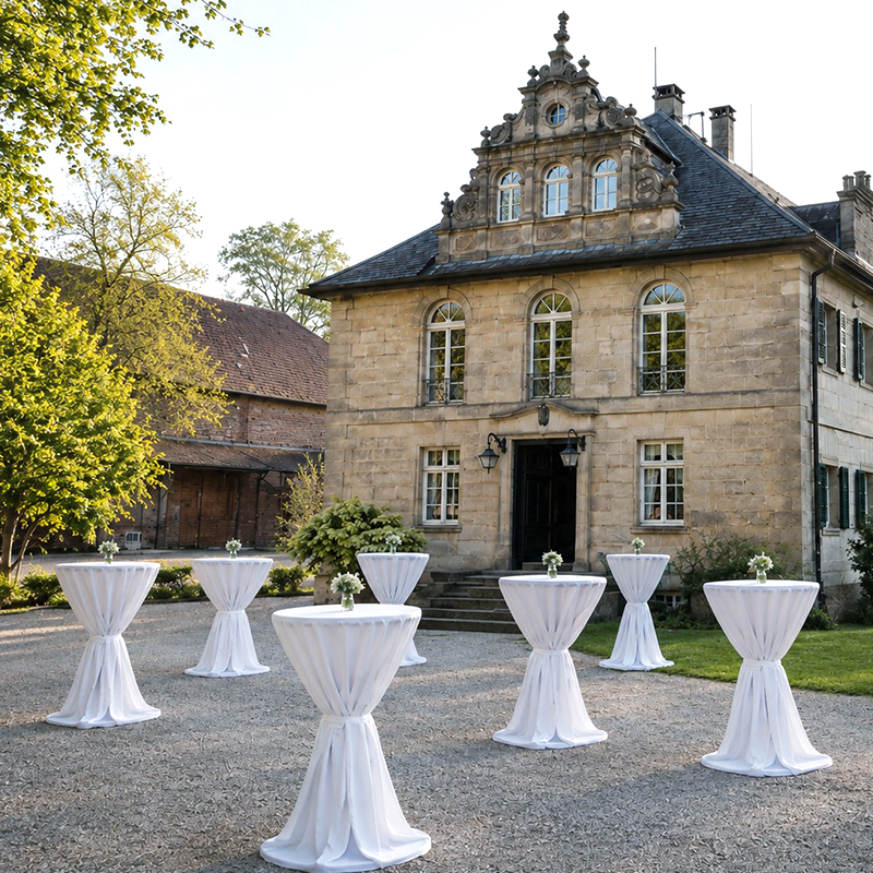 Stehtischhusse universell weiss Polyester fließend mieten | Verleih Hochzeit, Sektempfang, geburtstag, Feier, Event