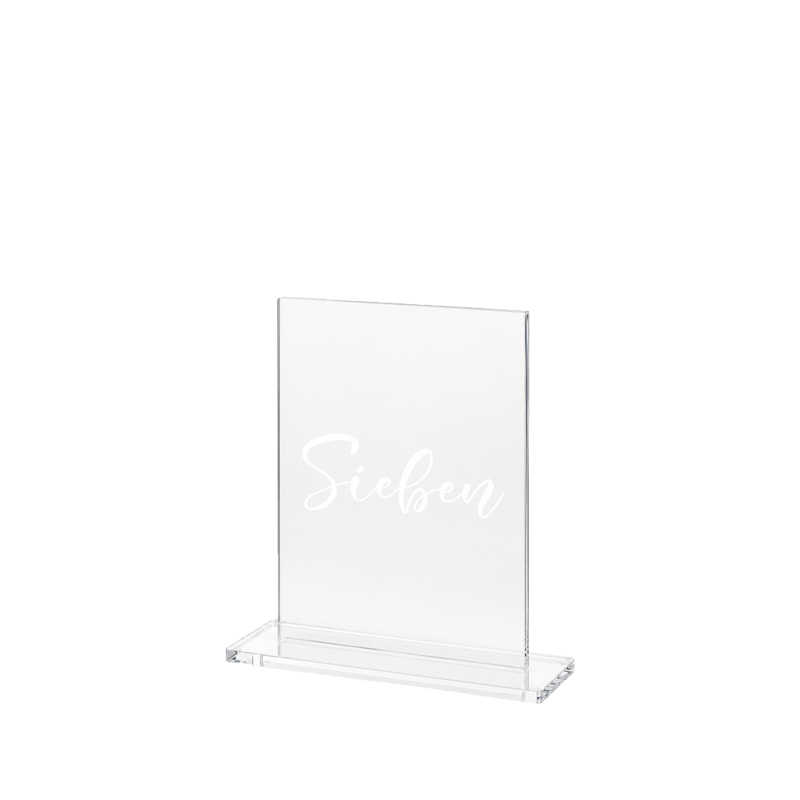 Tischnummer Acryl eckig klar mit weißer Schrift [mieten]