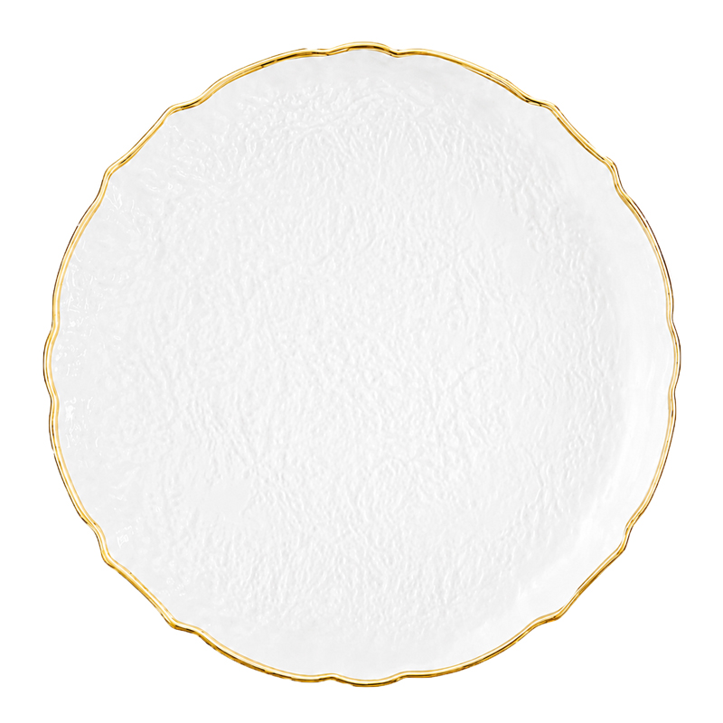 Platzteller 33cm Kunststoff klar mit Goldrand Struktur mieten für Hochzeit Event Party