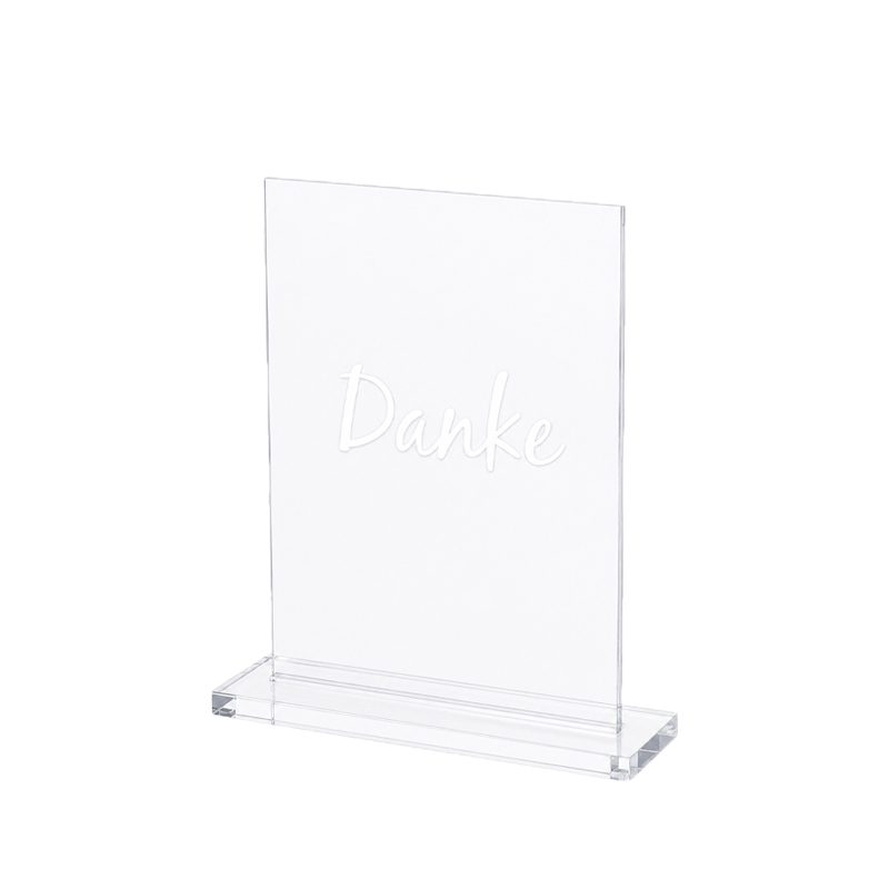 Schild/ Aufsteller Danke Acryl eckig klar Schrift weiss mieten für Geschenketisch Hochzeit_2