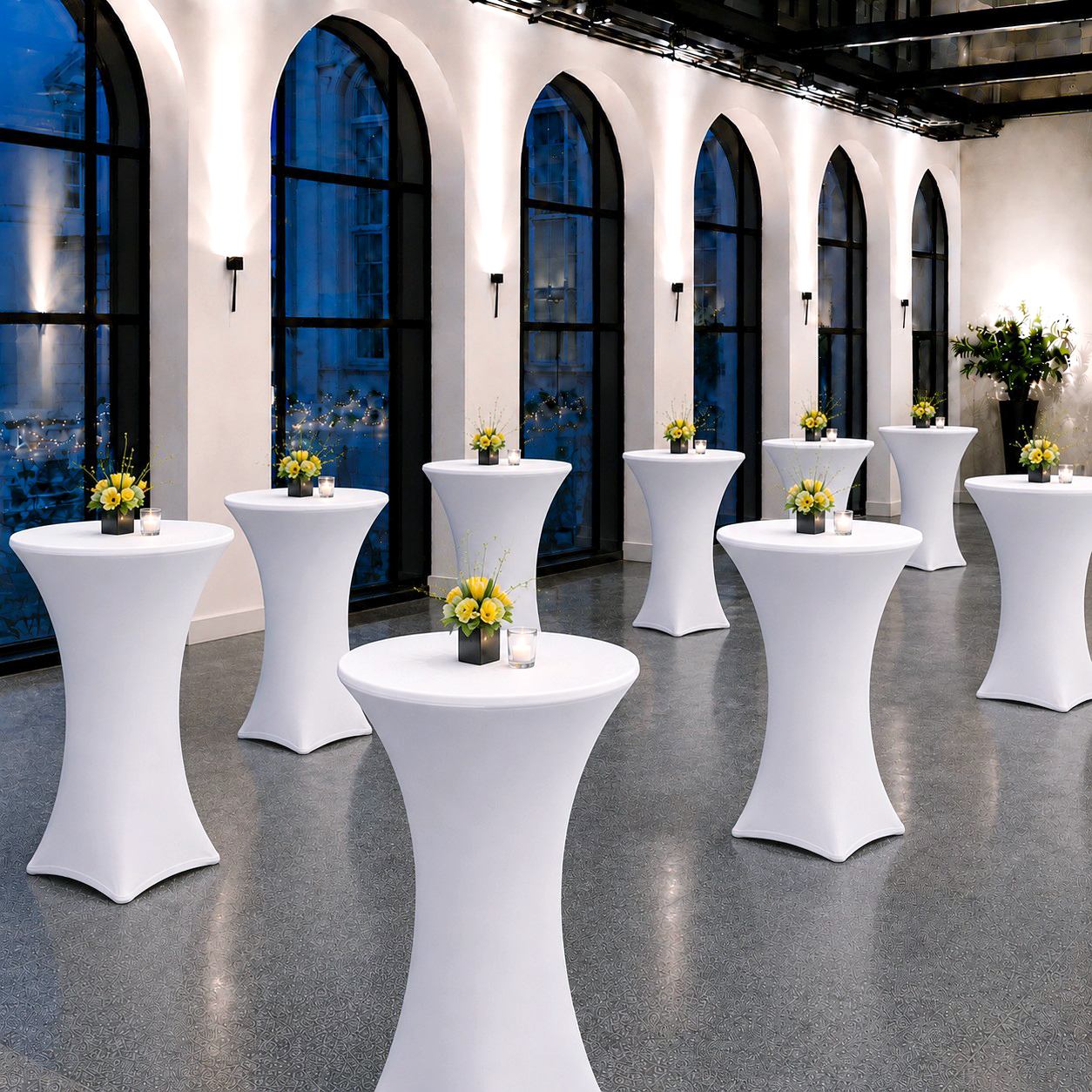Stehtischhusse Stretch weiss mieten Verleih Stretchhussen Hochzeit Event Feier Firmenfeier B2B Eventausstattung