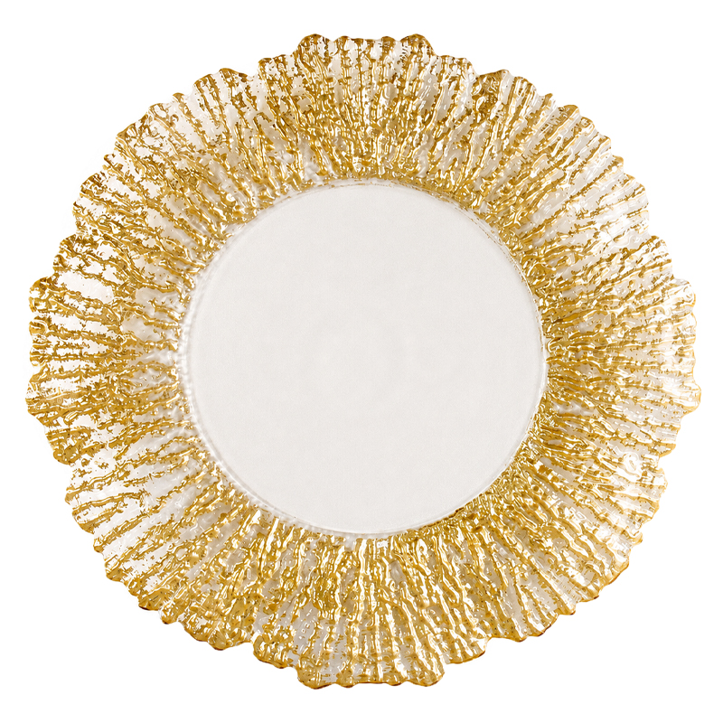 Eleganter Platzteller Aurora 33cm Glas klar rund mit Goldrand mieten für Hochzeit Event Party