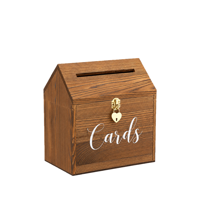 Kartenbox für Umschläge aus Holz braun mit goldener Aufschrift Cards für Hochzeit mieten