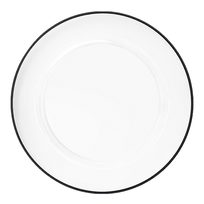 Moderner Platzteller 33cm Glas klar  mit feinem schwarz Rand mieten für Hochzeit Event Party Gala