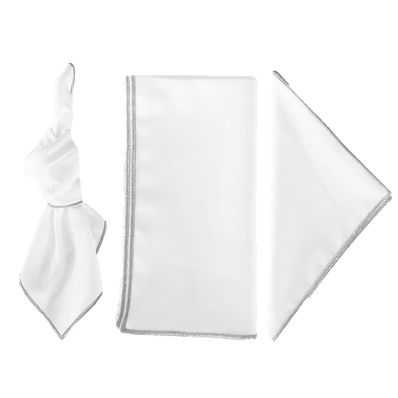Serviette Leinen 45x45cm |  weiss rand silber | mieten | Verleih für Hochzeit geburtstag Event