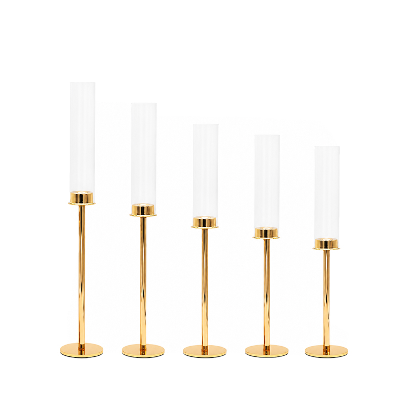 Kerzenständer | Kerzenleuchter | Kerzenhalter Line 1-arm mit Glaszylinder Glasaufsatz gold | mieten für Hochzeit, Geburtstag, Firmenfeier, Event
