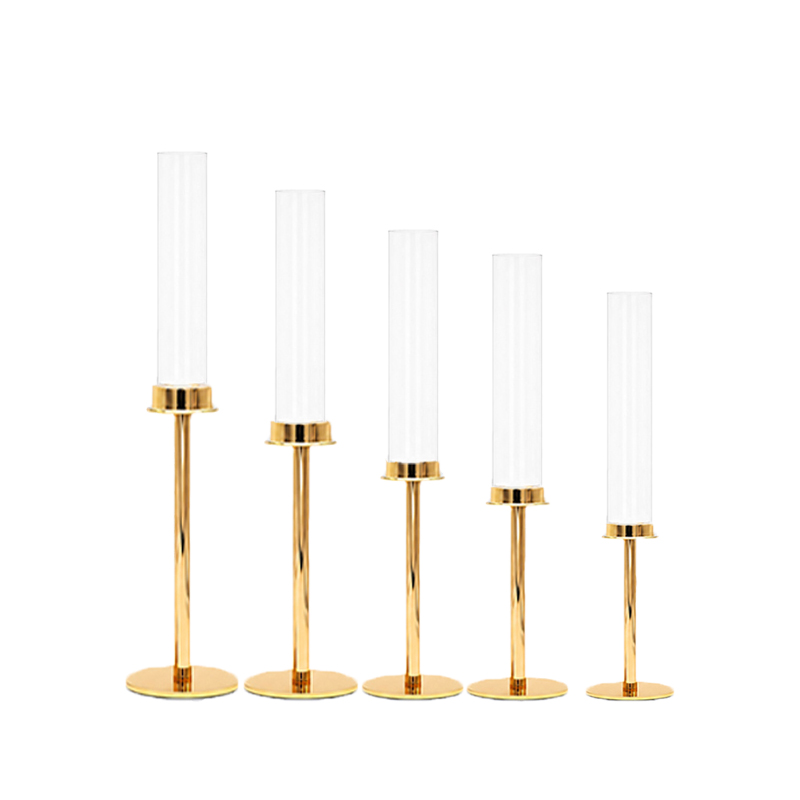 Kerzenständer | Kerzenleuchter | Kerzenhalter Line 1-arm mit Glaszylinder Glasaufsatz gold | mieten für Hochzeit, Geburtstag, Firmenfeier, Event