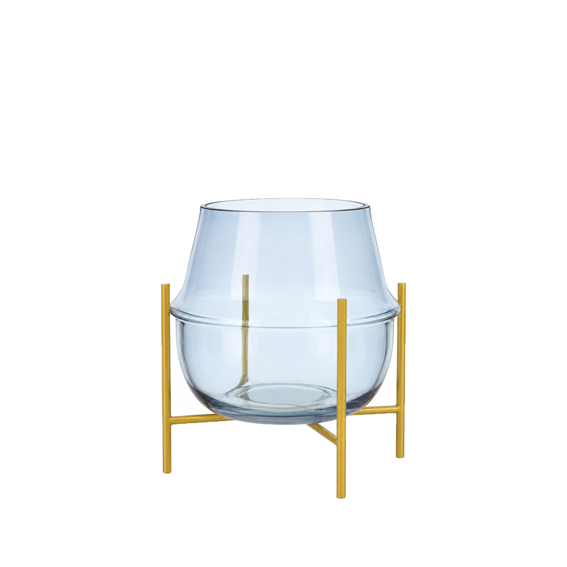 Vase dusty blue hellblau mit Ständer gold mieten Hochzeit Tischdeko
