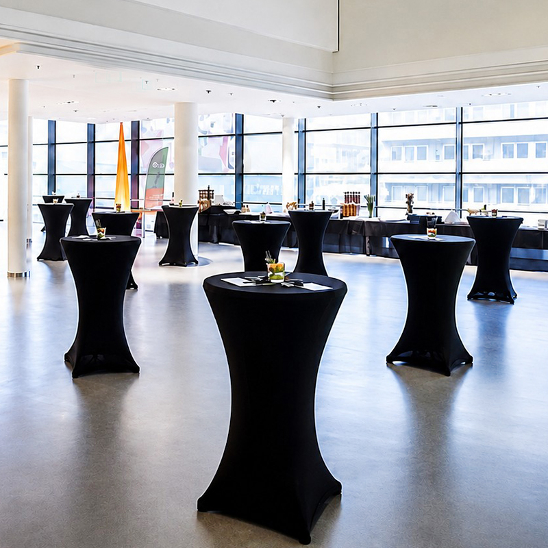 Stehtischhusse Stretch schwarz mieten Verleih Hochzeit Firmenevent Gala Empfang Messe