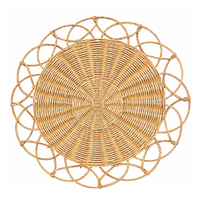Platzset 35cm Rattan Blume naturbraun mieten für Hochzeit Geburtstag Sommerfest Party