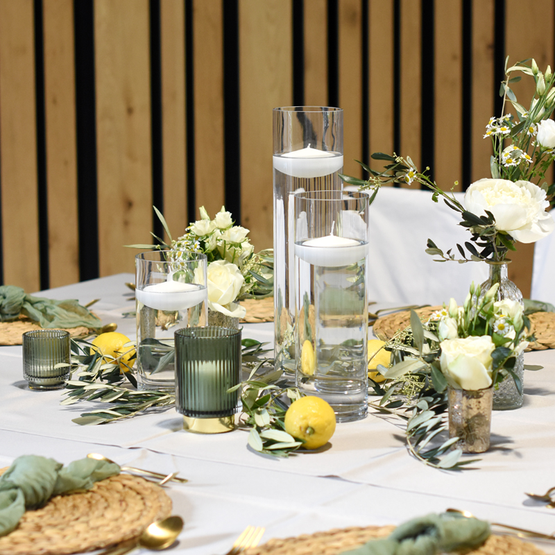 Vase Zylinder Glas klar Schwimmkerzen mieten für Hochzeit, Geburtstag und Firmen Veranstaltung