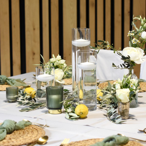 Vase Zylinder Glas klar Schwimmkerzen mieten für Hochzeit, Geburtstag und Firmen Veranstaltung