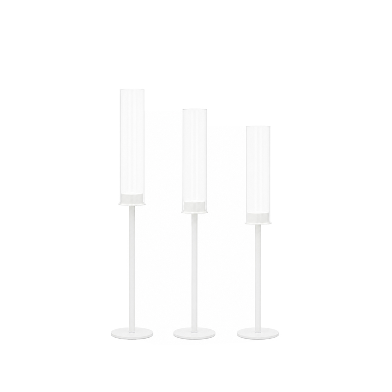 Kerzenständer | Kerzenleuchter | Kerzenhalter Line 1-arm mit Glaszylinder Glasaufsatz weiss | mieten für Hochzeit, Geburtstag, Firmenfeier, Event