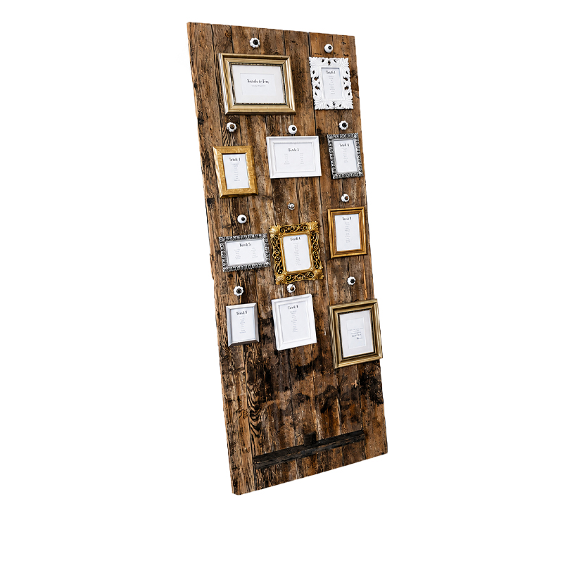 Sitzplan Tischplan Tür Holz braun Vintage Antik mit 14 Bilderrrahmen gold weiss silber
