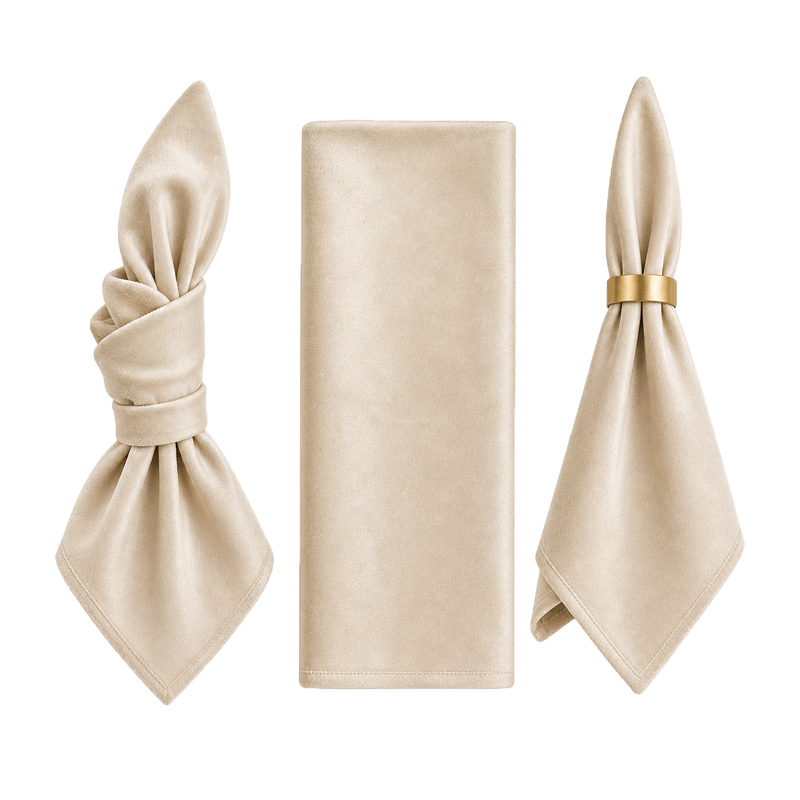 Stoffserviette aus Samt 50x50cm in champagner creme ivory zur Miete für Hochzeit Event geburtstag party