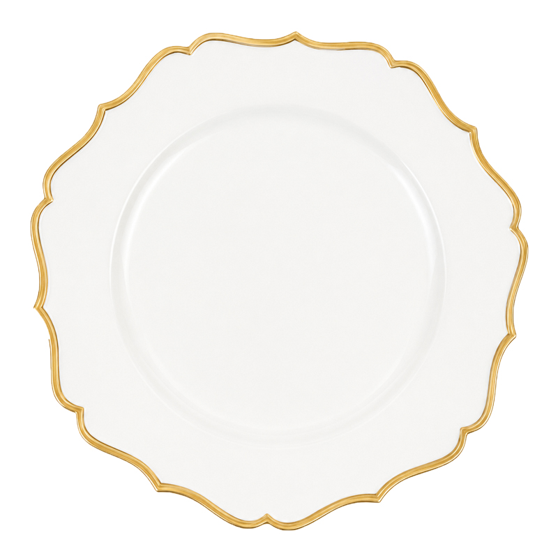 Stilvoller Platzteller 33cm Kunststoff in weiss gold Eleganz Wellenrand mieten für Hochzeit Event