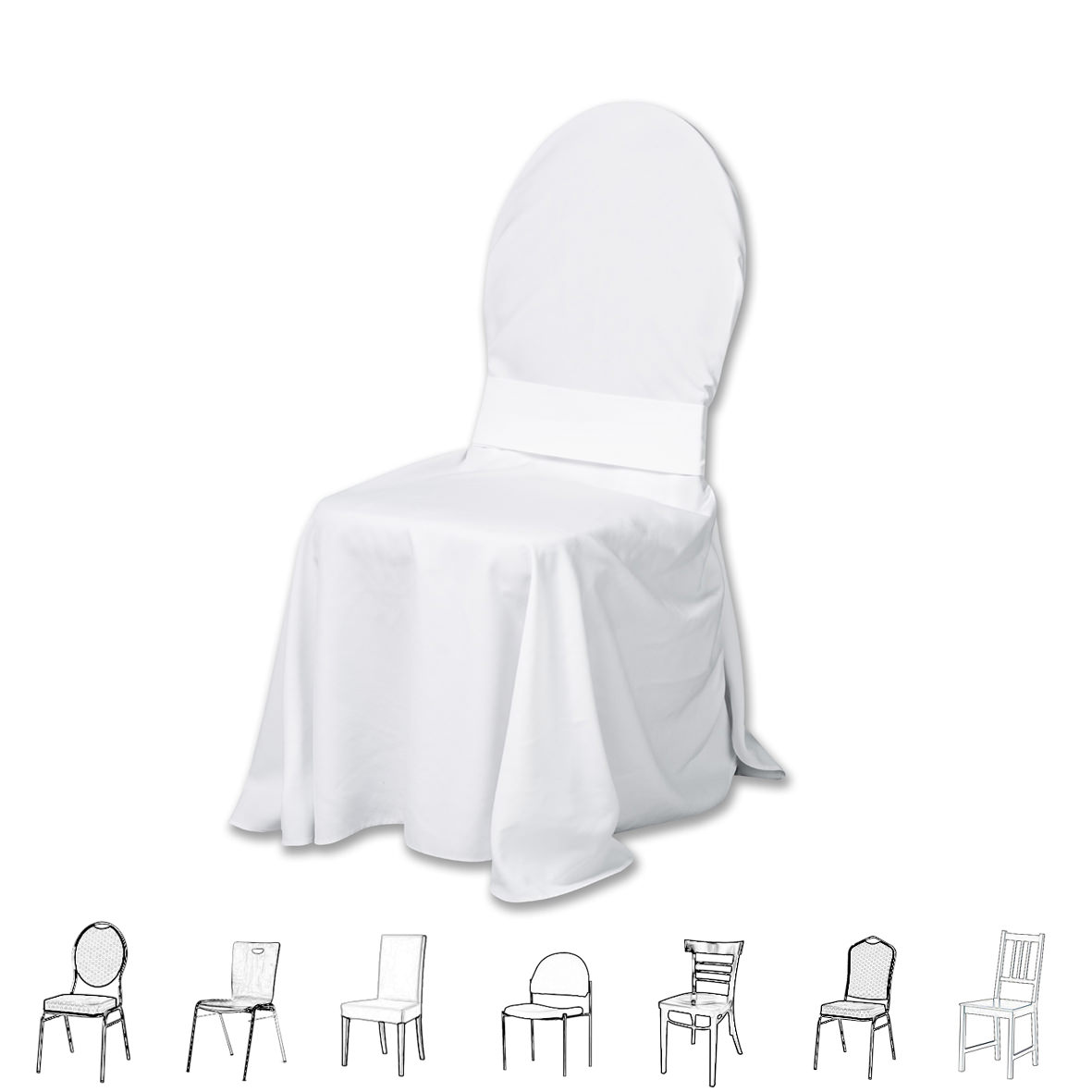 Stuhlhusse Stuhlüberwurf  weiss universell fkexibel mieten Verleih Hochzeit
