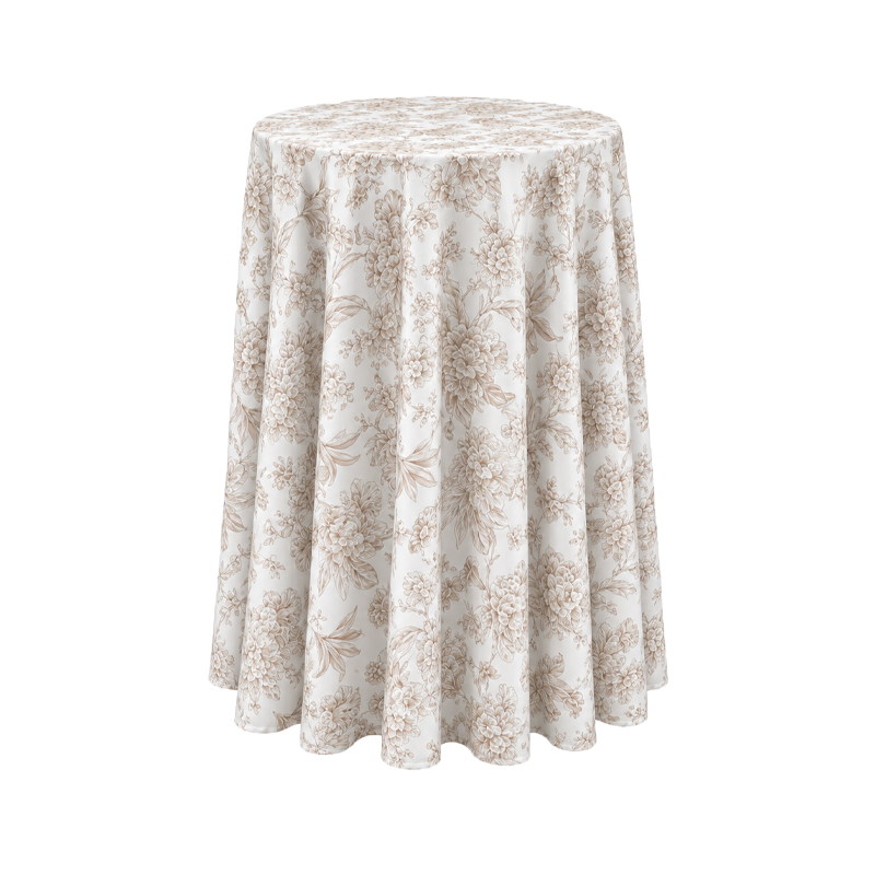 Tischdecke_Polyester_rund_305cm_floral_blumig_taupe_mieten_I_Verleih_Hochzeit_Feier_Event_Geburtstag_Catering_Firmenevent