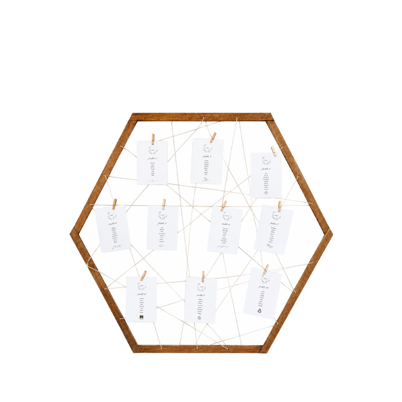 Sitzplan Tischplan Willkommensschild Hexagon für Staffelei Holz braun für Hochzeit und Veranstaltung [mieten]