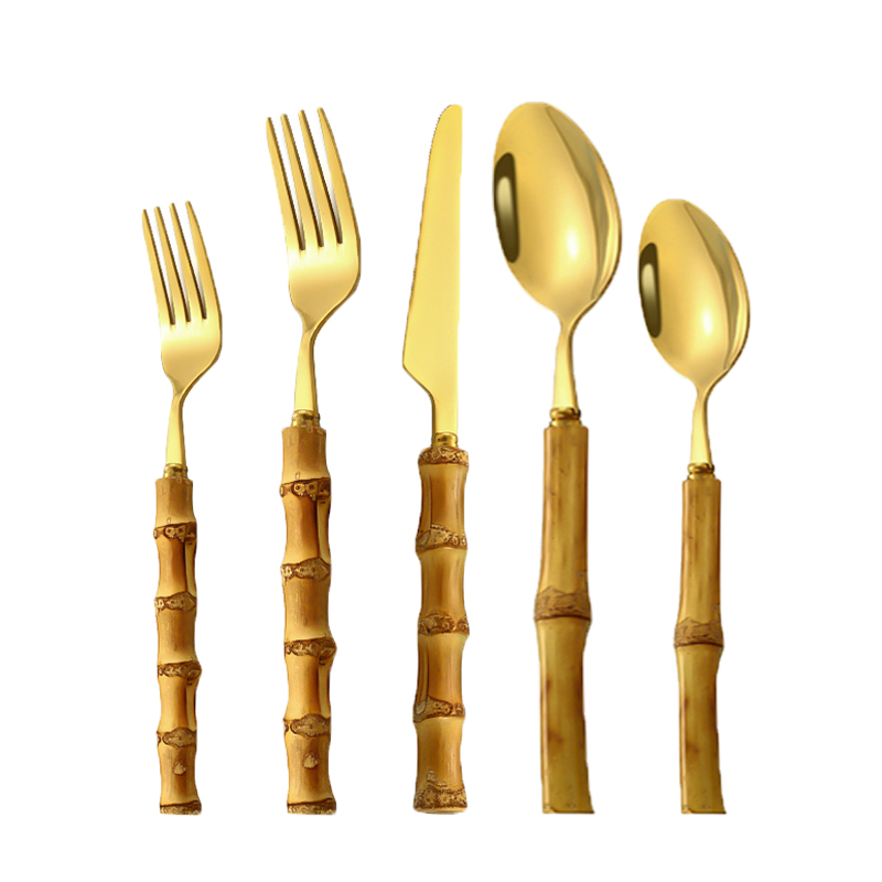 Besteck_modern_Gabel_Messer_Loeffel_Dessertgabel_Dessertloeffel_Kaffeeloeffel_Bambus_Griff_Bamboo_gold_glanz_Set_5-teilig_mieten_Verleih_Hochzeit_Firmenfeier_Geburtstag_1