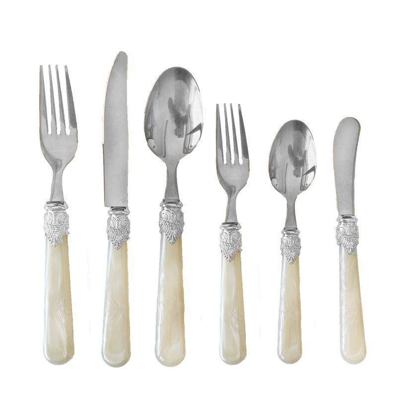 Besteck_modern_Gabel_Messer_Loeffel_Dessertgabel_Dessertloeffel_Kaffeeloeffel_Buttermesser_Perlmutt_Elfenbein_silber_glanz_Set_6-teilig_mieten_Verleih_Hochzeit_Event_Fest_Firmenfeier_Geburtstag_1