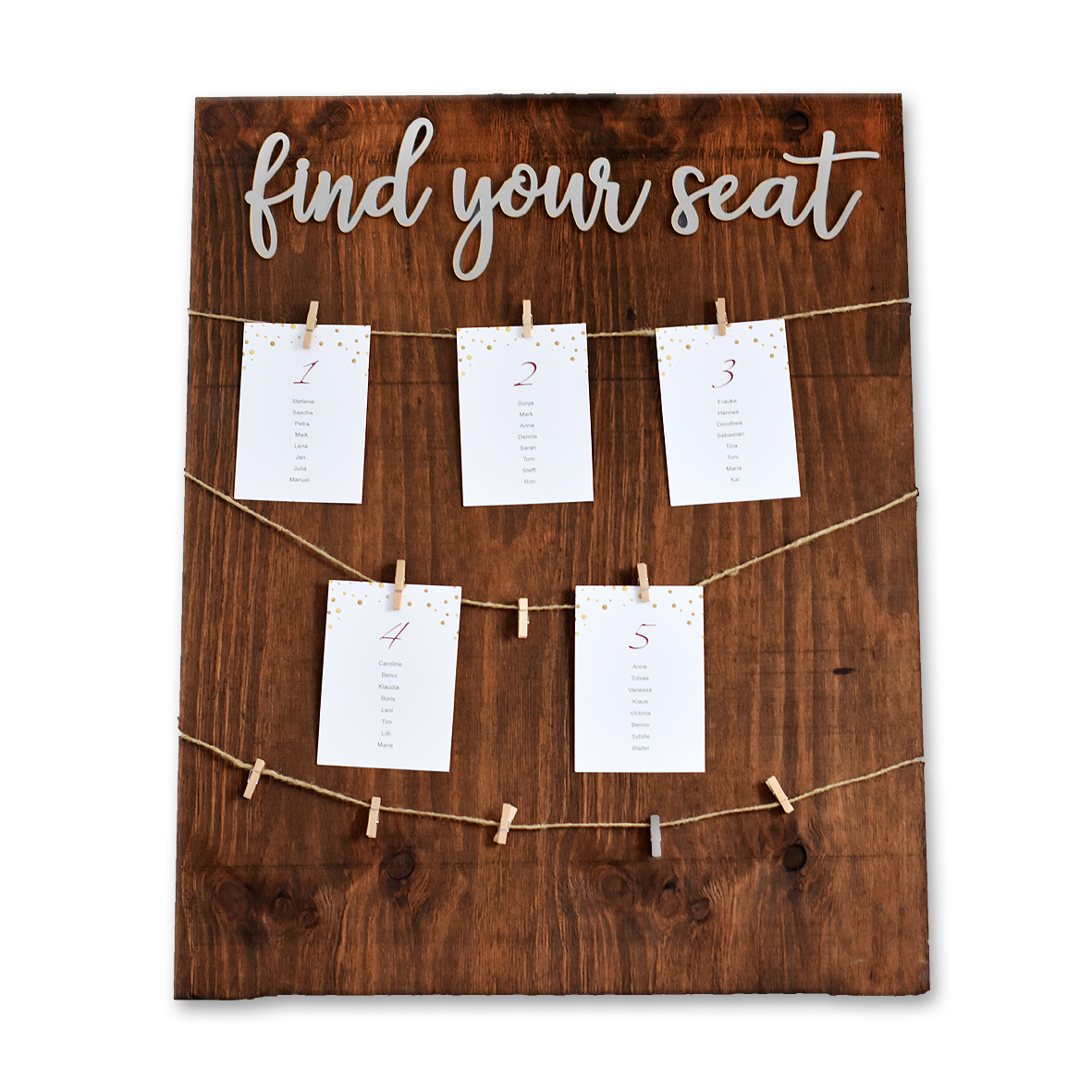 Sitzplan Tischplan Willkommensschild Find your Seat für Staffelei Holz braun silber für Hochzeit und Veranstaltung [mieten]