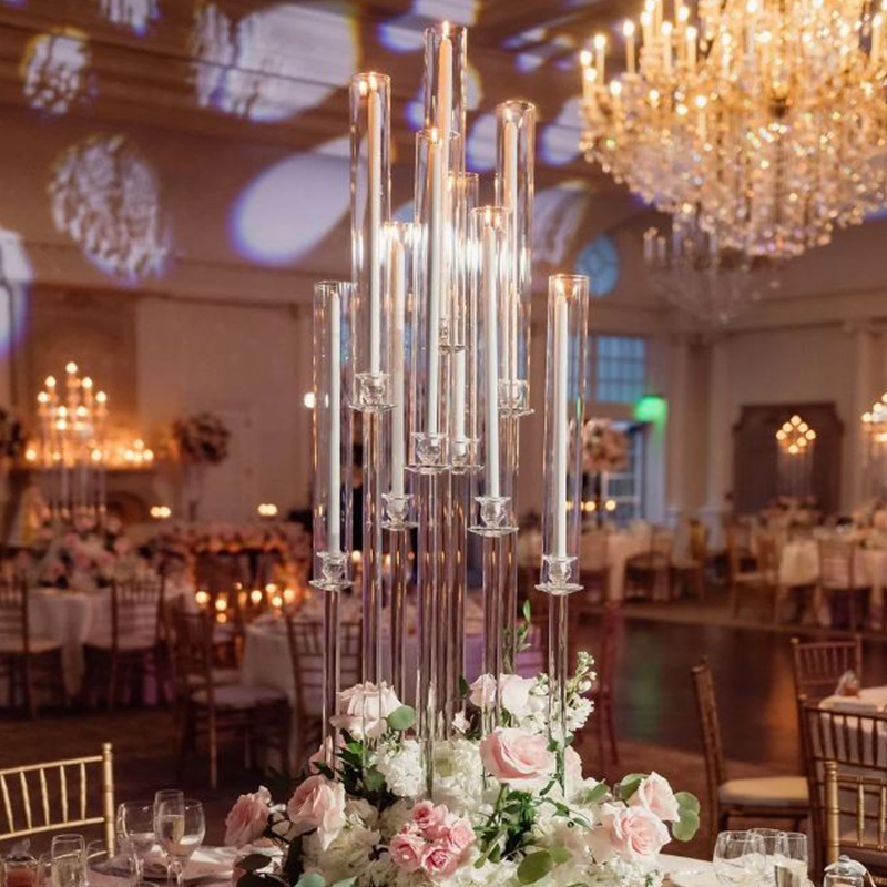 Kerzenständer Line Glas 10-arm mit Glaszylinder 100cm | Kerzenhalter | Kerzenleuchter Hochzeit Event Feier exklusiv modern  mieten