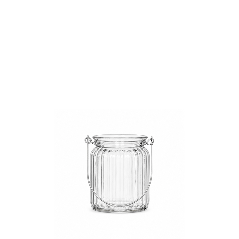 Vase/ Teelichthalter Vintage Rille Glas mit Henkel silber mieten Hochzeit Dekoration