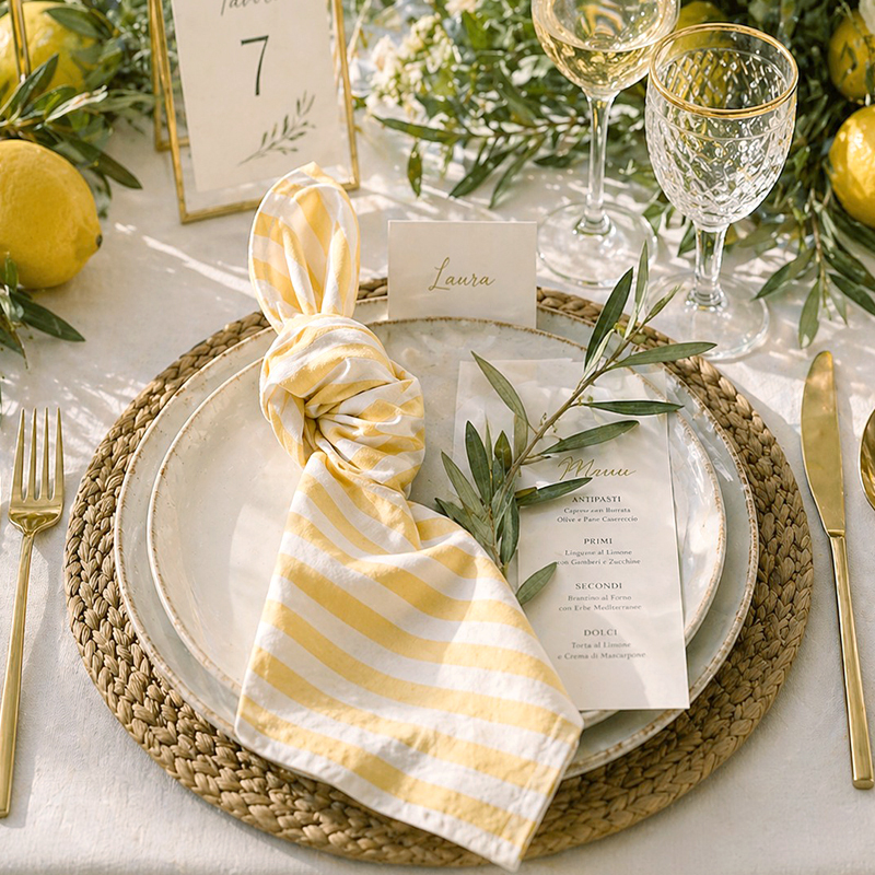 Serviette Leine Streifen gelb | mieten für Hochzeit, Geburtstag, Feier, Event Tischdeko mediterran_2