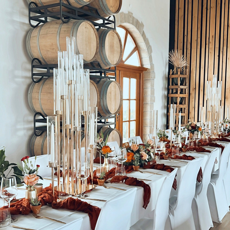 Kerzenständer | Kerzenhalter | Kerzenleuchter  Line gold 7-arm mit Glasaufsatz Zylinder mieten Verleih Hochzeit und Event 2_5