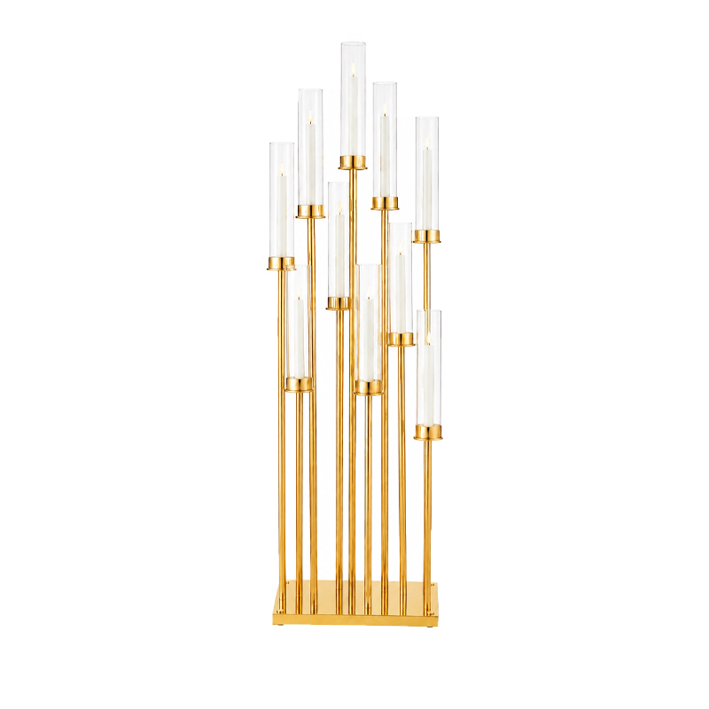 Kerzenständer gold Line 10-arm mit Glas | Kerzenhalter | Kerzenleuchter mieten für Hochzeit, Feier, Event
