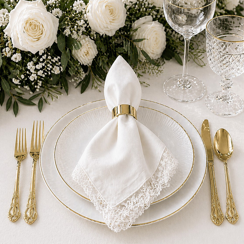 Serviette_Leinen_Spitzenrand_mieten_Hochzeit_Feier_Verelih