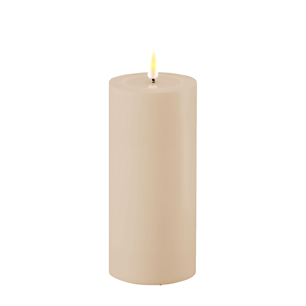 LED Stumpenkerze Kunststoff outdoor Real Flame dusty sand beige 15x7,5cm Batterie mieten Hochzeit, Feier